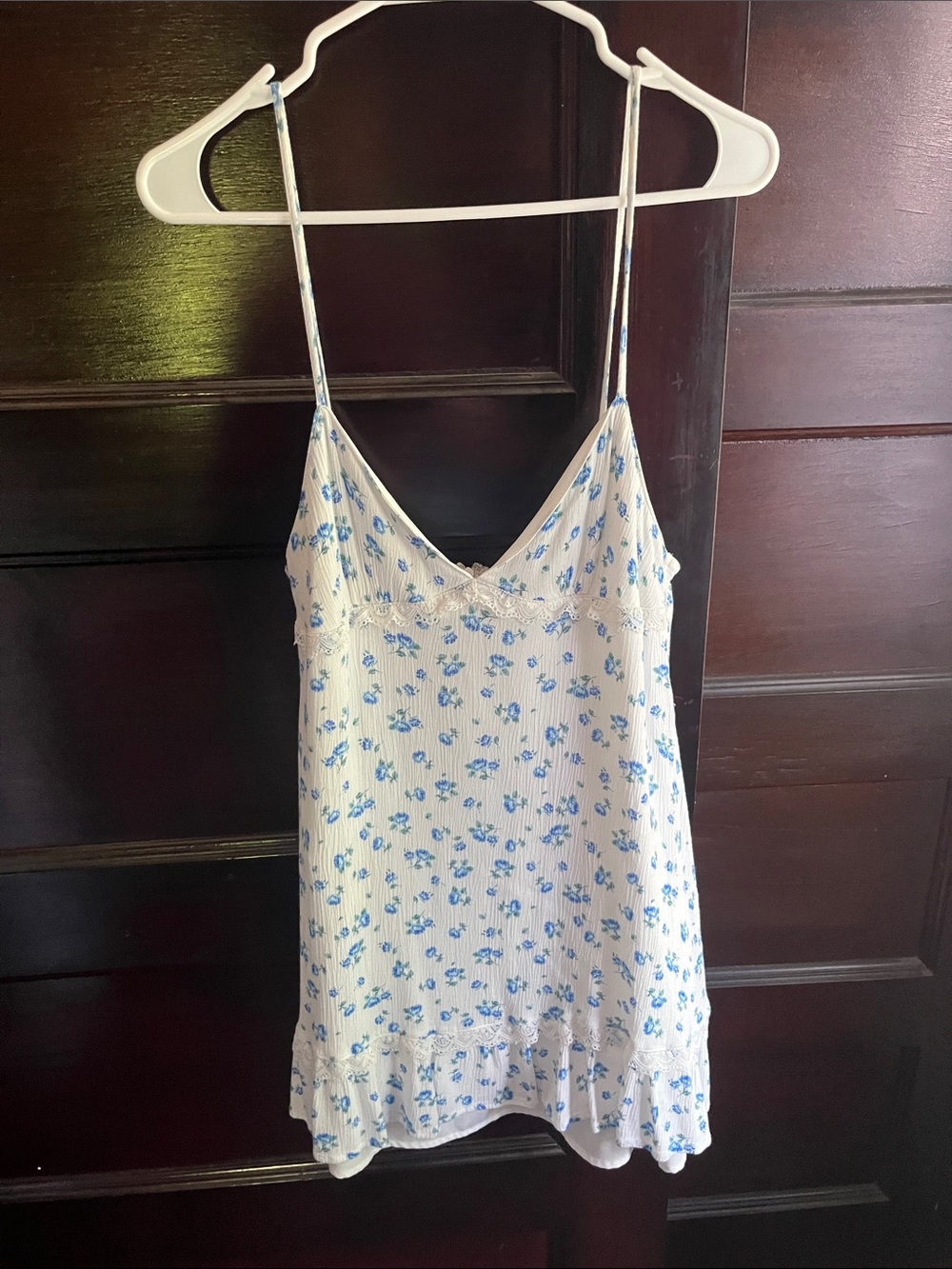 White Mini Slip Dress with Blue Floral Print and Lace Trim